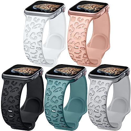 Towsnails 5 Stück kompatibel mit Apple Watch Armband Serie 38mm 40mm 41mm 42mm 44mm 45mm 49mm, Weiches Silikonband Leopard Print Ersatzarmbänder für iWatch Serie 9/8/7/6/5/4/3/2/1/SE/Serie 2