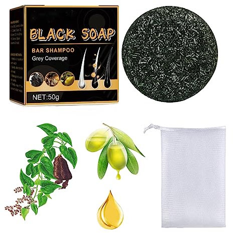 SENGHUI 50g Grau Glanz Seife,Grau Glanz Haar Revitalisierungsbar,GrauGlanz Schwarze Seife mit Netzbeutel,Grauabdeckung Haarshampoo (1Set)