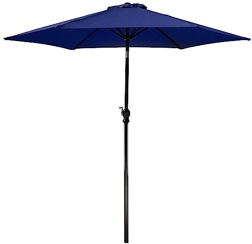ELEVON Parasol de terrasse d'extérieur de 2,7 m, parasol rayé de marché avec bouton-poussoir d'inclinaison et manivelle, bleu marine, Moderne
