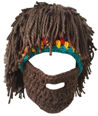 Lustiger Barbarenstrick-Bartmütze, kreative Perücke, Beanie-Mütze, warme Wintermütze, Skimütze, abnehmbarer Bart, Braun, Einheitsgröße