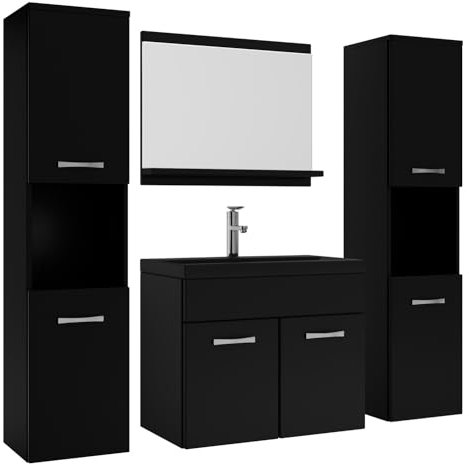 Badezimmer Badmöbel Set Montreal XL 60cm Schwarze Waschbecken - Matt Schwarz - Unterschrank Hochschrank Waschtisch Möbel
