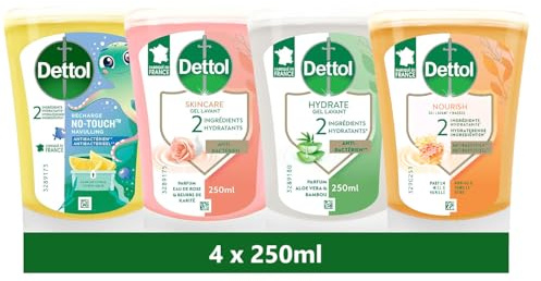 DETTOL - 4 Recharges No-Touch Savon Liquide Mains 250 ml - Miel & Vanille, Citron, Eau de Rose & Beurre de Karité et Aloe Vera & Bambou