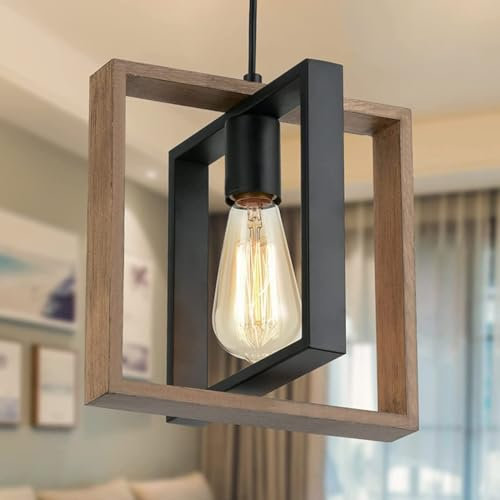HMAKGG Suspension Luminaire Bois, Lustre Industriel Noir E27, Lustre Cuisine en Metal Réglable en Hauteur pour Salle à Manger Restaurant Bar