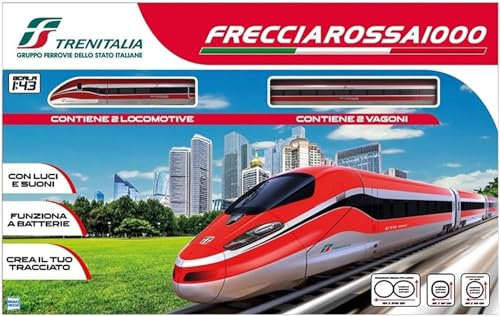 Pista Trenitalia Frecciarossa 1000 Scala 1:43 con luci e Suoni - Treno Giocattolo 2 locomotive 2 vagoni e 3 tracciati binari- Funzionamento a Batteria + portachiave cubo