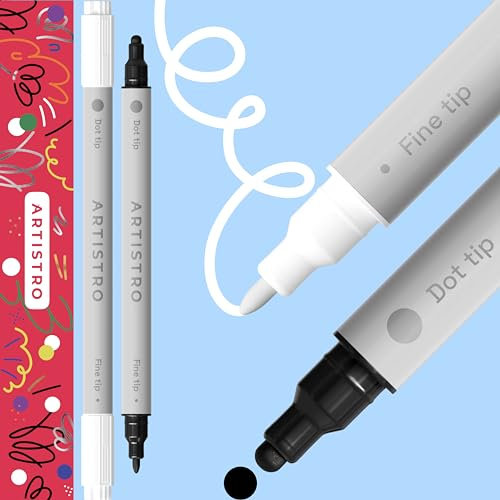 Artistro 2 White and Black Acrylic Paint Pens, Dual Tip (Fine 1mm + Dot 5mm) Markers for Fabric, Canvas, Rock, Glass, Wood, Paper, DIY, Kids and Adults