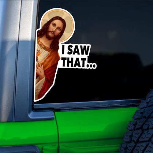 Nouiroy Lustiger Auto-Aufkleber I Saw That Jesus, Vinyl-Aufkleber, Autoaufkleber und Aufkleber, lustiger Stoßstangen-Aufkleber für Auto, Fahrzeug, LKW, Autofenster (linker Jesus mit Heiligenschein),