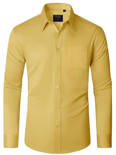 J.VER Hemden Männer Gelb Freizeit Business Klassisch Bügelfrei Oberhemden Regular Fit Langarm Unifarben Stretch Anzug Hemd L