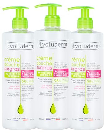 EVOLUDERM - Crème Douche Surgras Nutrition Intense - 500 ml - 95% d’Origine Naturelle - Végan - Fabrication Française - Lot de 3 x 500 ml