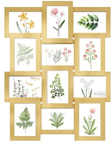 SONGMICS Bilderrahmen-Collage, 12 Fotorahmen für 10 x 15 cm Bilder, Fotocollage, Wandcollage, Multi-Rahmen, Wanddeko, helles Gold RPF026A01