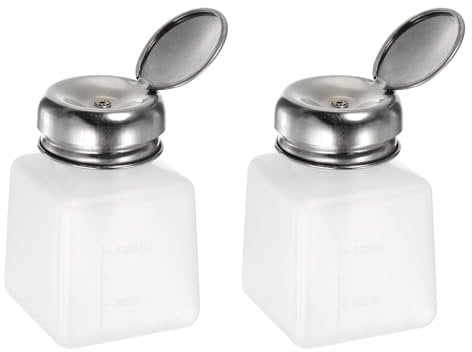 sourcing map 2pcs Solvent Alcohol Dispensers 100ml(3.4oz) Push Down Liquid Dispenser Pump Bottle with Sealing Stainless Steel Lid for Acetone Solution, White