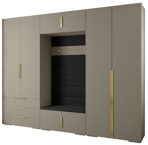 MEBLE KRYSPOL Inova 1 Möbelset - Moderne Garderobe - für Schlafzimmer, Wohnzimmer, Flur, Kinderzimmer - Ankleidemöbel - 236,7x300x47cm - Kaschmir, Paneele Manila 18, Handgriff Gold