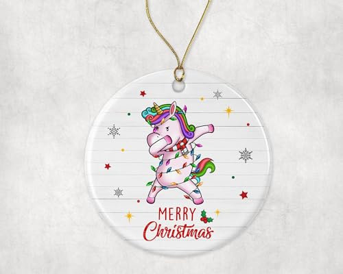 Weihnachtsbaumschmuck Merry Uni-Corn Einhorn Licht Kinder Tier Weihnachtsanhänger Andenken Runde Keramik Ornament Premium Christbaumschmuck Anhänger Für Geschenke Holiday Party
