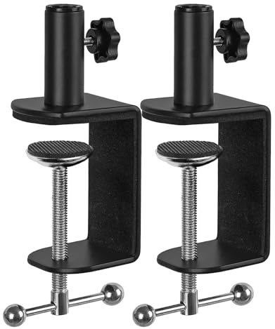 Jhanw Lot de 2 pinces de bureau en C avec trou de filetage de 1,27 cm, pince en C pour pied de microphone, pince de table réglable en métal sur lampe de bureau, pince noire pour lampe de bureau pour