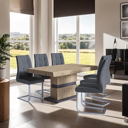 FURNCO | Extendable Rectangular Wooden Dining Table - Milo DT 160-215 x 90 x 75 cm | Space Saving Drop Leaf Kitchen Table | Artisan Oak/Anthracite (chairs not included)