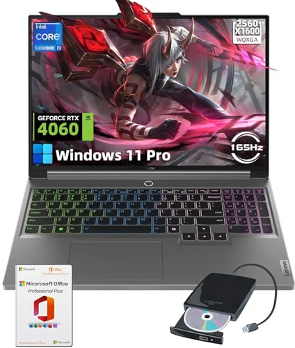 Lenovo Legion 5i Gaming Laptop - 16 WQXGA 165Hz Display, Intel i9-14900HX(24-Core), 64GB DDR5, 2TB SSD, GeForce RTX 4060, Backlit KB, WiFi 6E, Win 11 Pro & MS Office Lifetime, w/External CD/DVD Drive