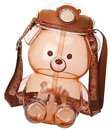 PBENO Water Bottle Cute Bear-shaped Water Cup Kawaii Bear Cartoon Portable Kettle Adjustable Shoulder Strap Outdoor Office Water Bottle(Marron,1000ml)