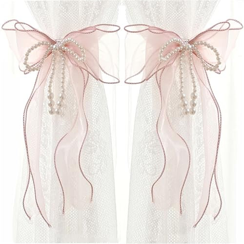 2 Stück Vorhang Raffhalter Schleife Weiß, Vorhanghalterschnalle Spitze, Schleifenhalter für Vorhänge, Perlenschleife Gardinenspanner, Spitze Schleife Vorhangbänder für Dekoration (Rosa)