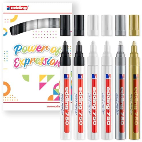 edding 750 gloss paint marker - essential colours - 6 paint markers - round tip 2-4 mm - paint pen for glass, pebbles, wood, plastic, paper - waterproof, high coverage