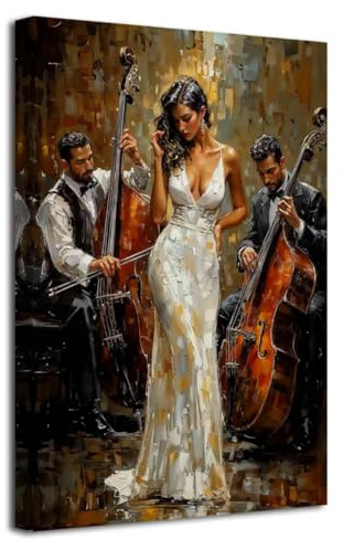 ZXHYWYM Black Jazz Afroamerikanische Musikmalerei Jazzband mit Violine Leinwanddrucke Schwarze Frauen Poster Bild für Schlafzimmer Wohnzimmer Dekor gerahmt ((30L x 45B cm))