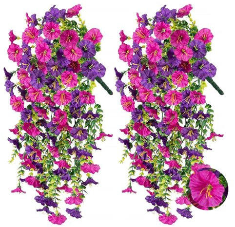 nnOuOnn Lot de 2 fleurs artificielles à suspendre en plein air, fausses plantes rampantes, décoration de gloire du matin, résistantes aux UV pour paniers suspendus – Décoration printanière, jardin