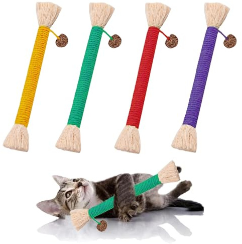 Aiailikill Catnip Toy Bite Rope, Interactive Catnip Toy for Indoor Cats,Nip for Teeth Cleaning, Natural Dental Sticks for Kittens,Filled Natural Stress Release Cotton Rope, 4 Pcs