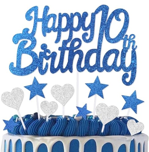 mciskin 10th Birthday Cake Topper,10th Birthday Decorations for Boys Girls,Royal Blue Cake Decorations,Personalised Cupcake Toppers with Heart Star for Girl Boy Women Men Birthday Party Supplies
