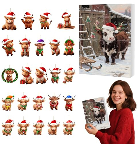 Weihnachts-Hochlandkuh Adventskalender 2025, 24 Tage Countdown Dekor mit hängenden Ornamenten, 2D Weihnachtsbaum Cartoon Kuh Deko Ornament (Thema 4)