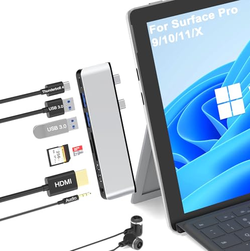 Surface Pro 9/10/11/X Docking Station, Surface Pro 11 USB Hub with 4K HDMI, USB-C Thunderbolt 4 (Display+Data+100W PD), 2 USB 3.0, 3.5mm Audio, SD/TF Card Slot for Surface Pro 9/10/ 11/ X