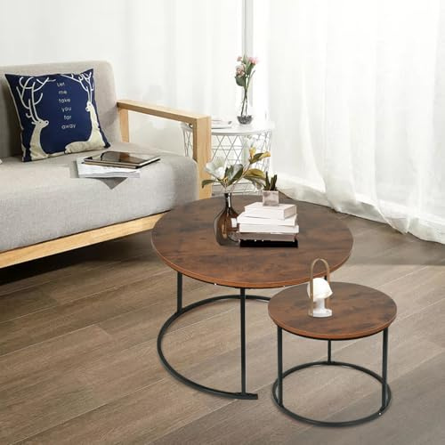 HUOLE Set mit 2 runden Couchtischen, moderne Wohnzimmertische, Metallstruktur, 50 cm und 70 cm, aus Pandora Marmor und Sinterstein, 70 x 70 x 45 cm (geflammte Holz + schwarze Füße)