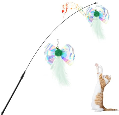 Pawaboo Katzenspielzeug Interaktives Katzenangel Katze Spielzeug Katzen | Spielstab Katzenspielzeug-Stab mit 2 Stück Federn und 88cm Stab und Glocken für Kätzchen oder Katze, Grün Schmetterling