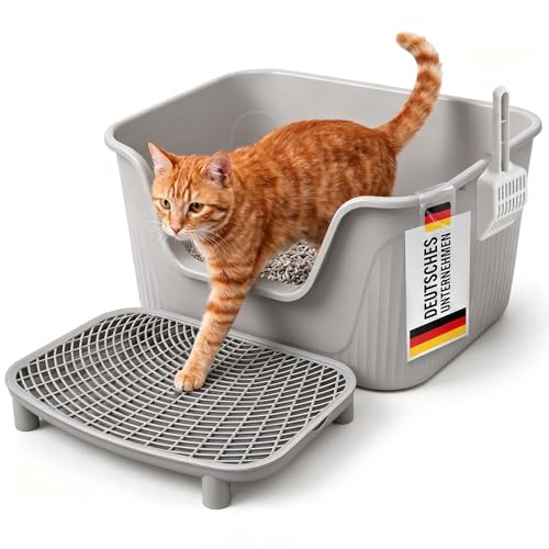 LEEJARD Katzenklo Mit hohem Rand, Grau Katzentoilette Offen Standard (60L) – 55x39x27 cm, Matte & Schaufel, Leicht zu reinigen, für Erwachsene Und Kleine Katzen klo