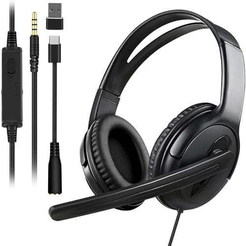 Joso Wired Headset with Mic, Single Ear Headset for PS5/PS4/Xbox/Switch/PC/iPad/Mac/Tablet with 3.5mm to USB A & Type C Adapter - Office Business, Remote Work, Coach, Gaming, Chat Headphone