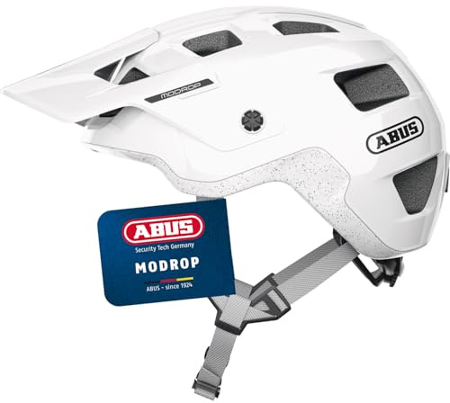 ABUS MTB-Helm MoDrop, Weiß, M | In-Mold-Verfahren, Verstellsystem, Goggle-Halterung, Zopf-Öffnung