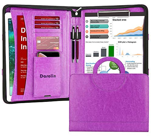Darolin Leder-Padfolio-Portfolio mit Reißverschluss, versteckter Griff und Klemmbrett, für Geschäftskonferenzen, Organizer, Notizblock-Ordner, Portfolio-Tasche, Portfolio-Padfolio für Damen/Herren,