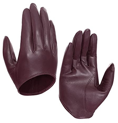 Harssidanzar Damen Lammfell Leder Half Palm Short Handschuhe ungefüttert GL011EU,Burgund,L