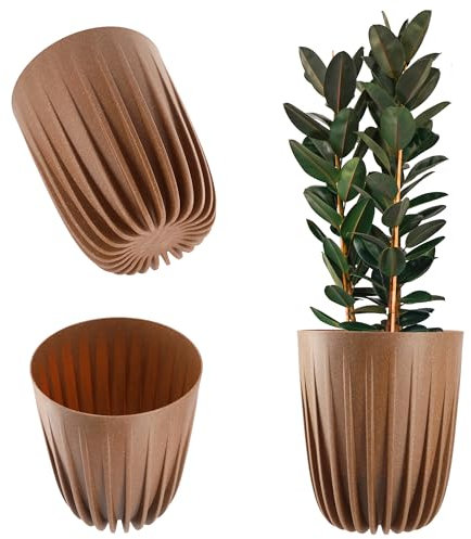 KADAX Pot de Fleurs en Plastique Moderne - Avec Matériaux Naturels, Motif Géométrique, Insert - Rond, Haut (∅ 30 cm, Marron)