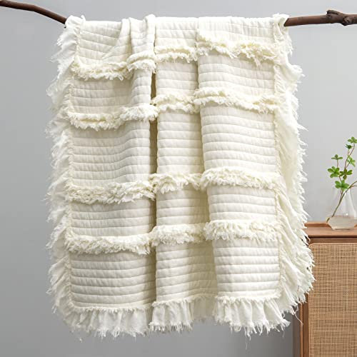 HORIMOTE HOME Ultraweiche, vorgewaschene, Gesteppte Überwurfdecke, Rüschen, Fransen, cremefarben, Boho-Deko, Steinwäsche, schick, rustikale Decke für Sofa, Couch, Bett, Stuhl, 127 x 152,4 cm