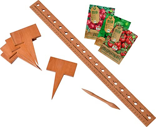 dobar® green label 29021FSCe Pflanzen-Starter-Set aus Buchenholz | 1x Pflanzenlineal, 1x Pikierstab, 5x Pflanzenschild & 3x BIO-Samenmischungen | Zubehör für das Anpflanzen von Gemüse | 60,5 cm