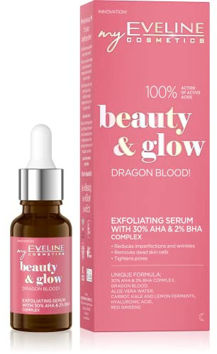 Eveline Cosmetics Beauty & Glow Exfoliating Serum mit AHA 30% & BHA 2% - Porenreinigende und Unreinheiten eliminierende Formel, angereichert mit Drachenblut und Aloe-Wasser, 18ml