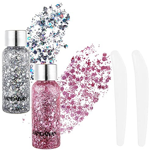 Glitter Olografico Brillantini Make Up Fiocchi di Glitter Liquidi per Corpo Viso Occhi Unghie Capelli per Musica Festival Masquerade Halloween Party (Viene Fornito con un Cucchiaio)-Argento+Rosa