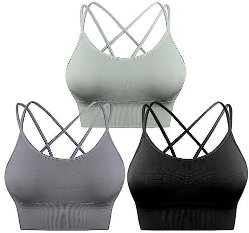 Sykooria Sport BH Damen Gepolstert Bustier Damen BH ohne Buegel Spaghettiträger Cross Back Design Push up BH Sport Bra Top für Yoga Fitness, Schwarz+Grün+Hellgrau, S
