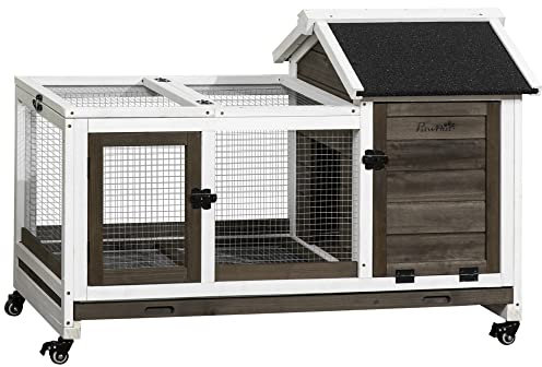 PawHut Wooden Rabbit Hutch with Wheels, Guinea Pig Cage, Small Animal House for Outdoor & Indoor with Slide-out Tray, 108 x 58 x 73.5cm, Brown
