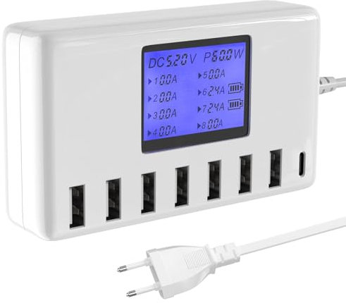 USB Ladegerät, 60W 8 Ports USB Ladestation 12A USB C Ladegerät Mehrfach mit LCD Display für mehrere Geräte, USB Mehrfach Ladegerät für iPhone Android Samsung Huawei iPad Tablet Kindle