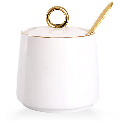 WHJY Ceramic Sugar Bowl with Lid and Spoon, Simple White Clear Porcelain Salt Bowl Salt Container, Modern Spice Box Seasoning Jar for Home and Kitchen Coffee Bar - White
