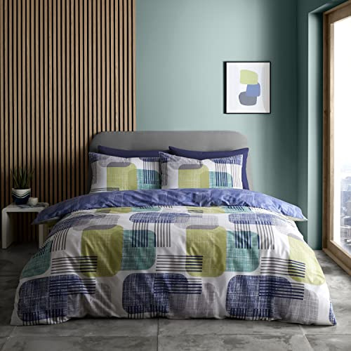 Catherine Lansfield Bedding Layered Geo King Duvet Cover Set with Pillowcases Navy/Green