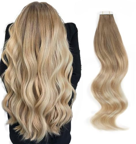 ABH AMAZINGBEAUTY HAIR Balayage Tape In Extensions Echthaar Menschenhaar 20 Stück 50g Gerade Nahtlose Aschbraun Übergehend in Schmutzigblond mit Platinblonden Highlight Extensions Tape B8-18-60 40 cm