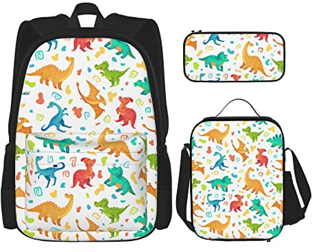 FJAUOQ 3-teiliges Dinosaurier-Rucksack-Set mit Lunch-Tasche, Federmäppchen, lustiger Dino-Druck-Rucksack, Cartoon Dino Cute Triceratops, One size