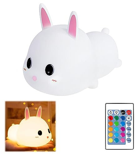 Jinlaili Veilleuse Bébé Lapin, 16 Couleurs Veilleuse en Silicone pour Enfant, USB Rechargeable Lampe de Chevet pour Chambre D'enfant, Lampe LED Dimmable Veilleuse Enfant, Cadeau pour Bebe Fille