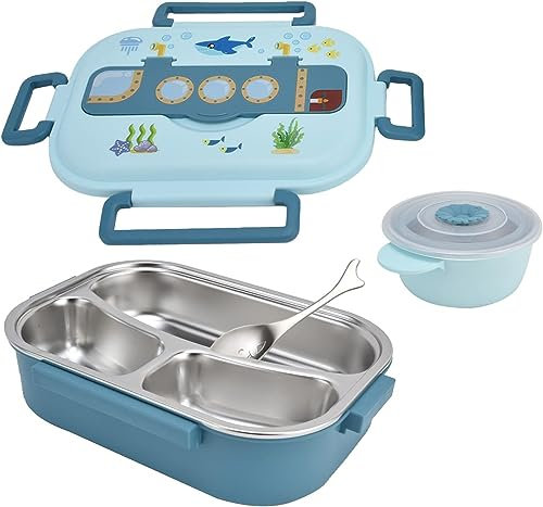 Stainless Steel Cute Cartoon Bento Box for Kids - 3 Compartment Lunch Box (Blue)