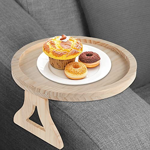 Gatphy Sofa Side Arm Tray, Wooden Couch Arm Table Clip On Tray Foldable Armrest Side Tables Space Saving Round Sofa Side Tables Organiser for Drinks Snack Phone Magazine Remote (Round)